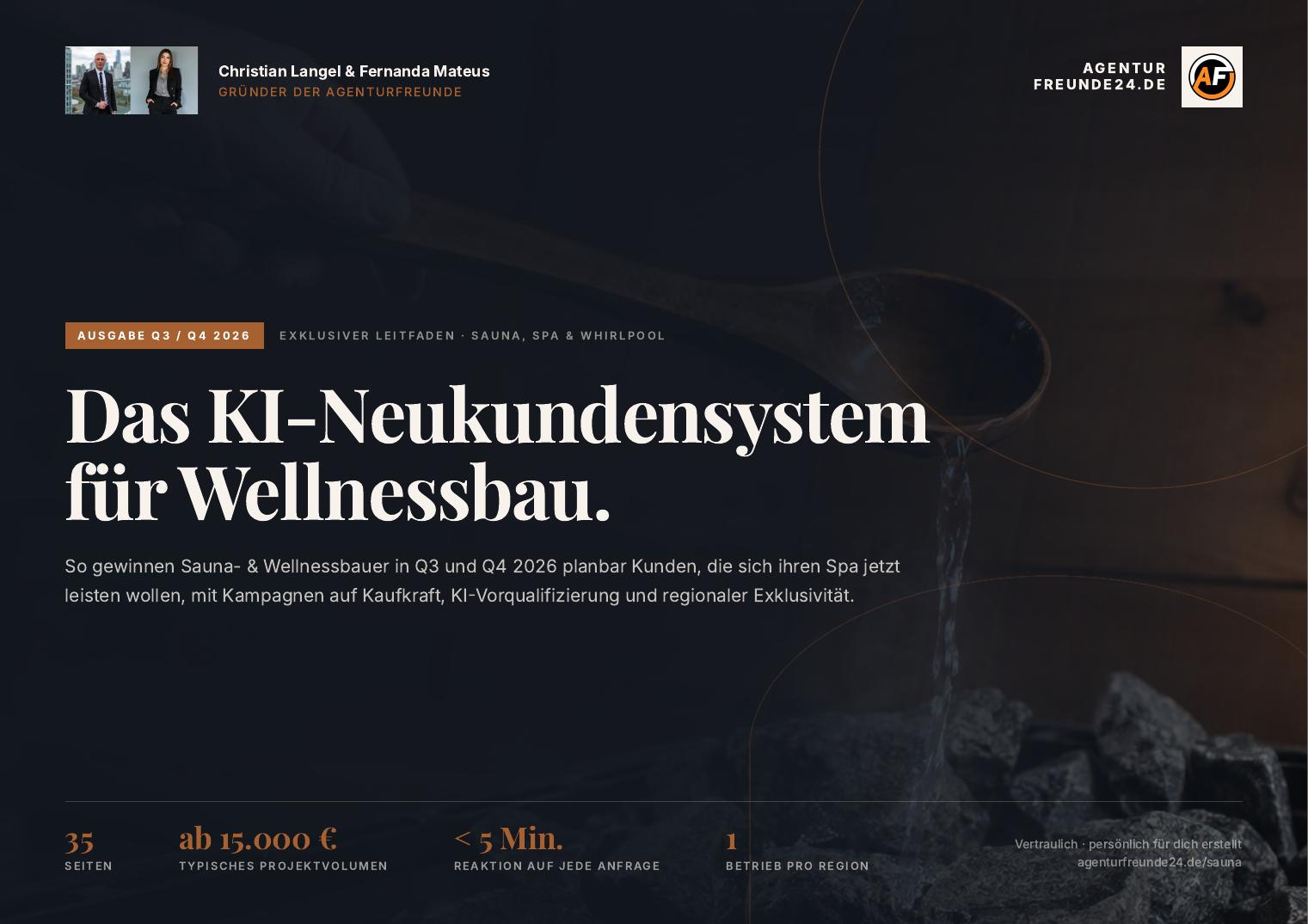 Titelseite des Gratis-Reports „Das KI-Neukundensystem für Wellness- & Saunabau“ von Agenturfreunde