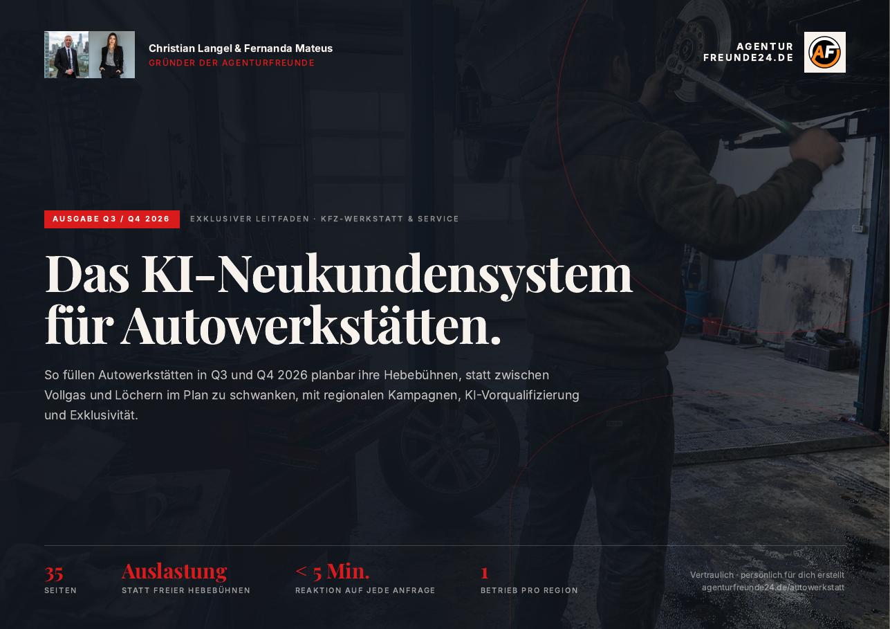 Titelseite des Gratis-Reports „Das KI-Neukundensystem für Autowerkstätten“ von Agenturfreunde