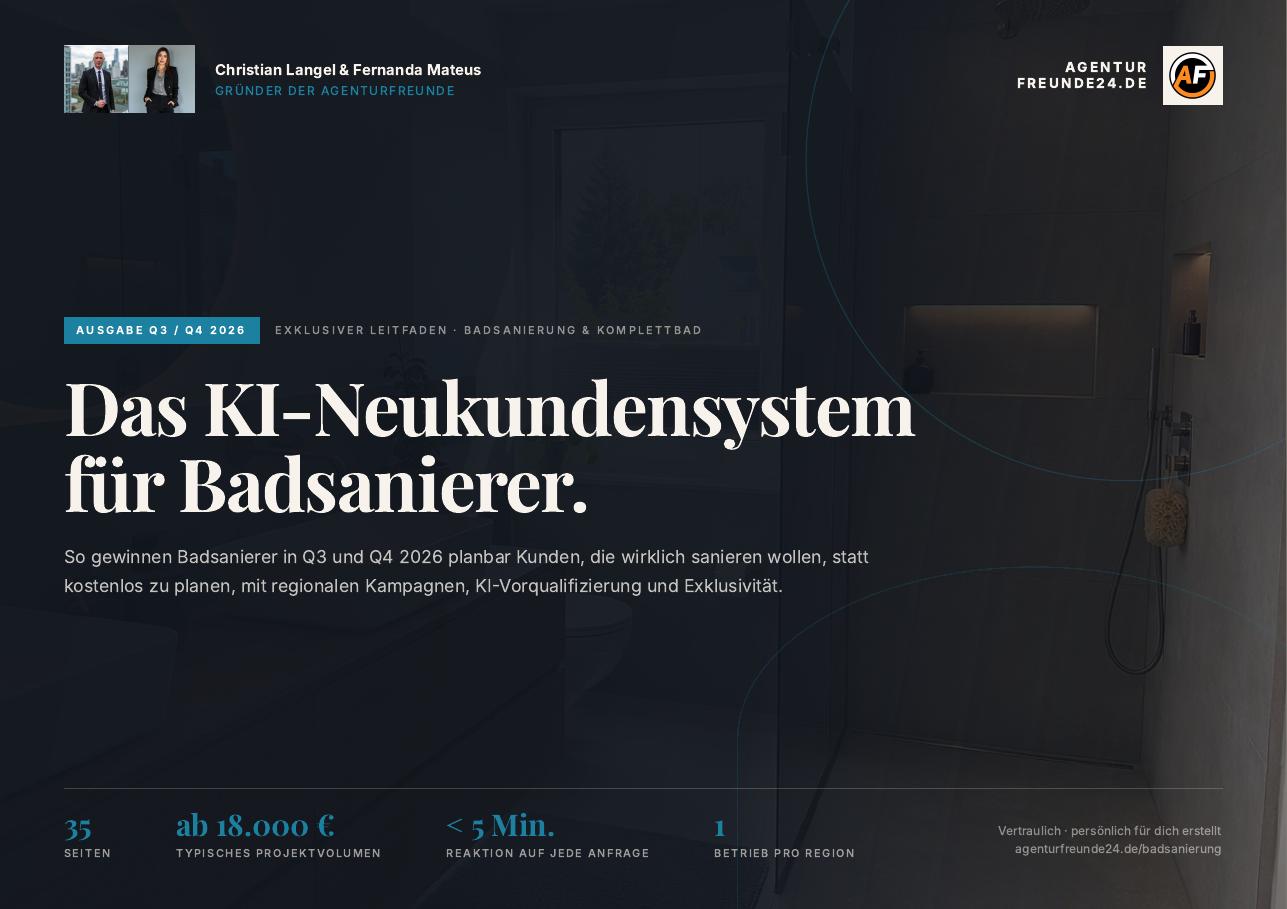 Titelseite des Gratis-Reports „Das KI-Neukundensystem für Badsanierer“ von Agenturfreunde