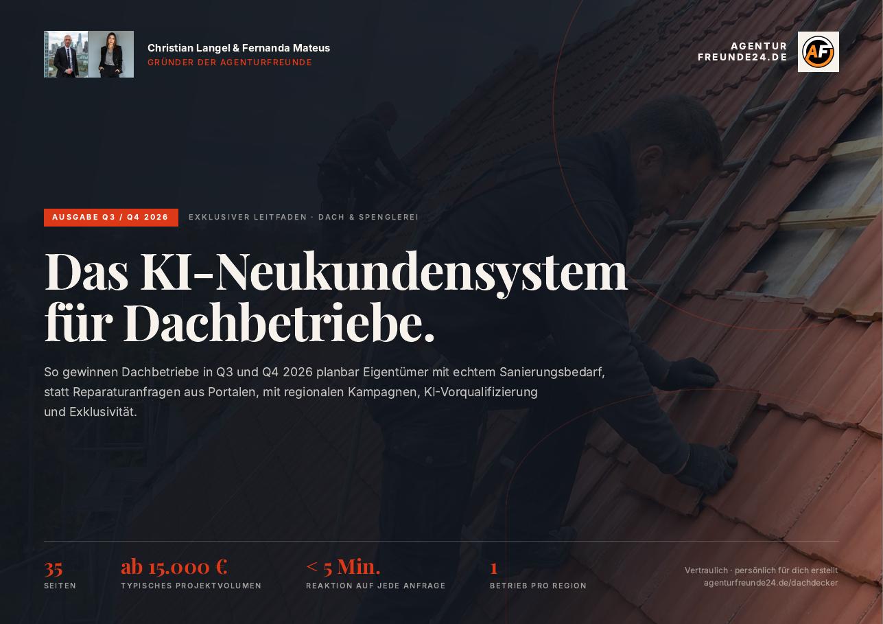 Titelseite des Gratis-Reports „Das KI-Neukundensystem für Dachbetriebe“ von Agenturfreunde