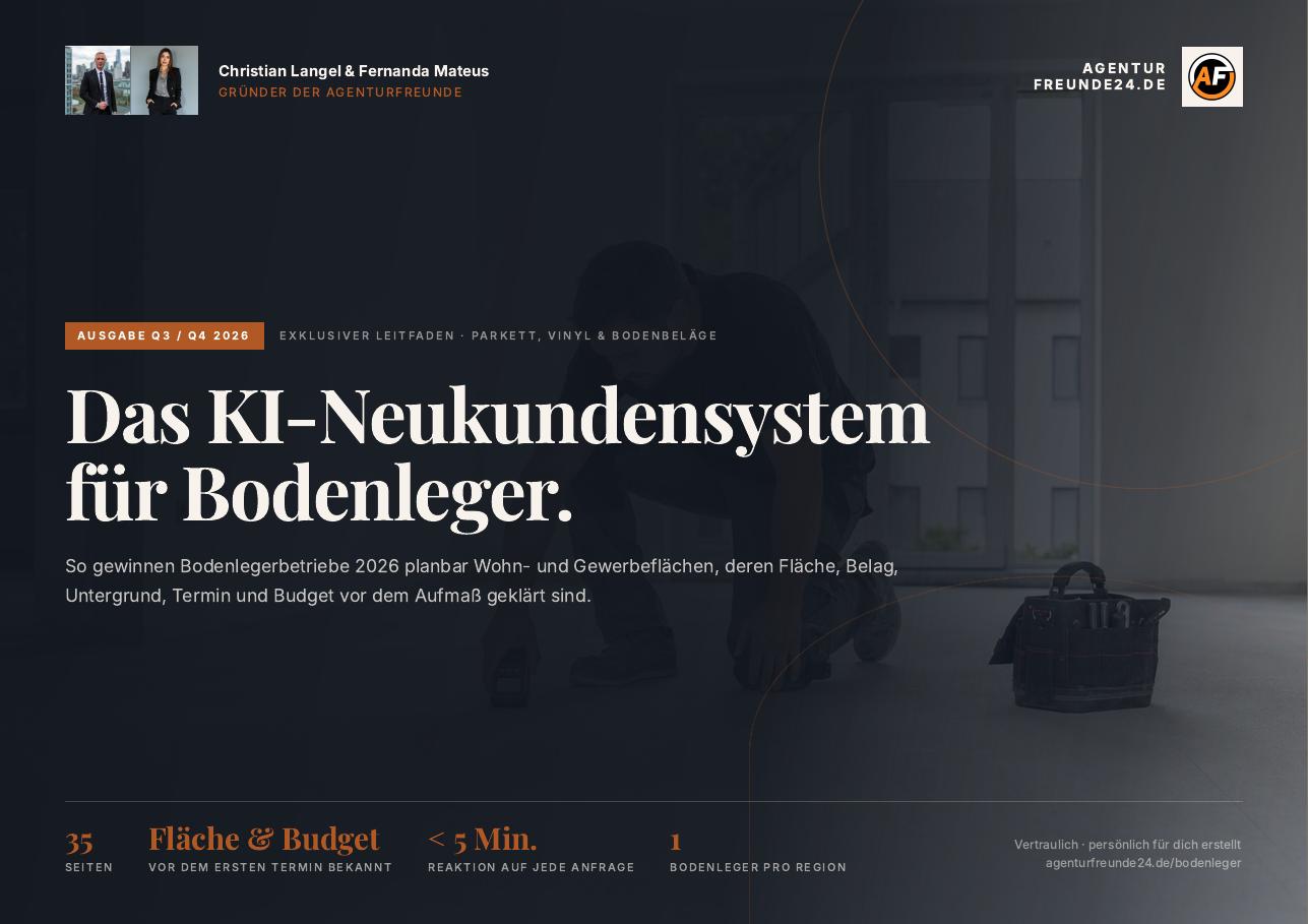 Titelseite des Gratis-Reports „Das KI-Neukundensystem für Bodenleger“ von Agenturfreunde