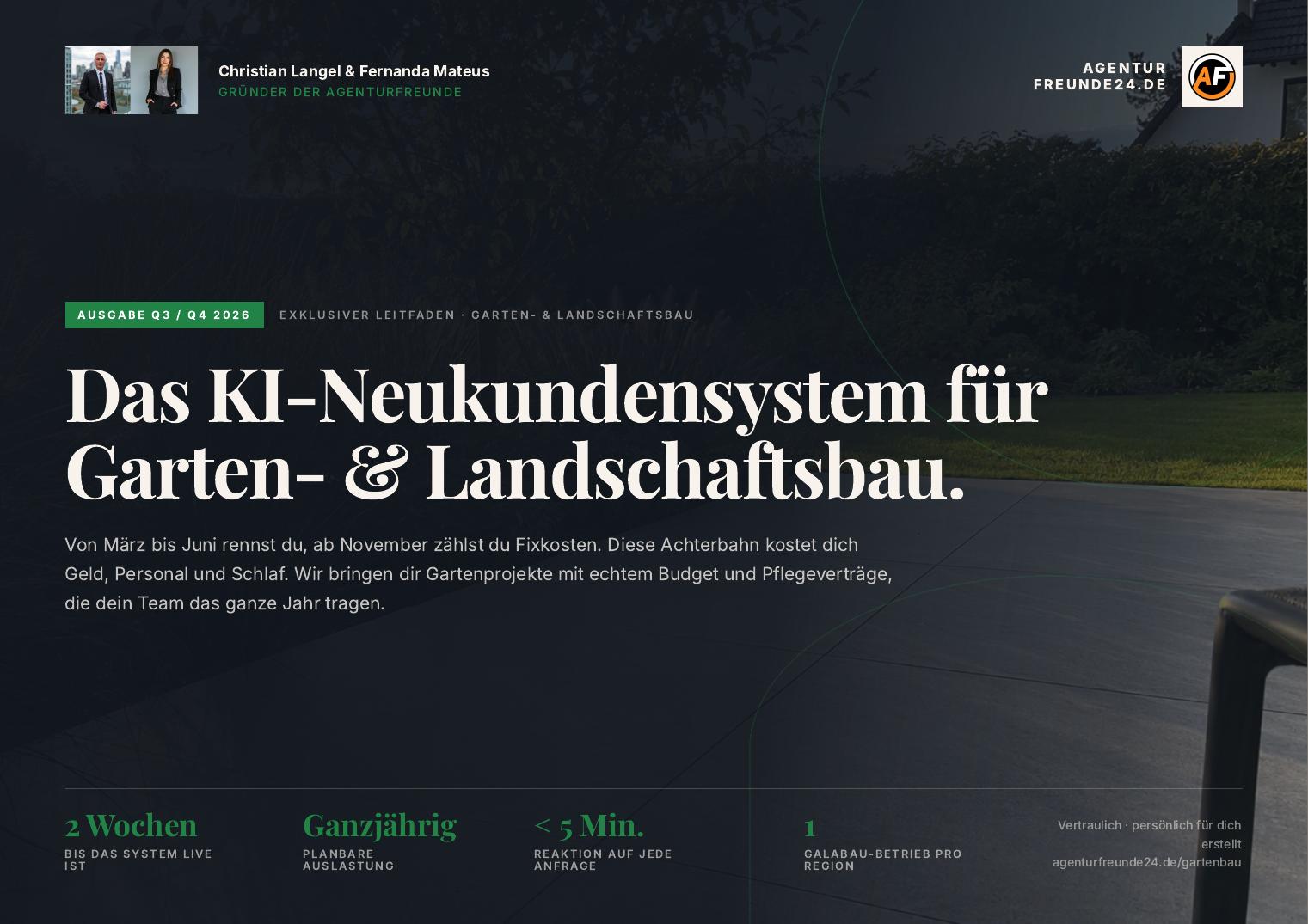 Titelseite des Gratis-Reports „Das KI-Neukundensystem für Garten- & Landschaftsbau“ von Agenturfreunde