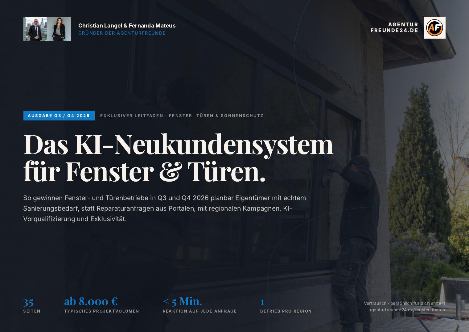 Titelseite des Gratis-Reports „Das KI-Neukundensystem für Fenster, Türen & Sonnenschutz“ von Agenturfreunde