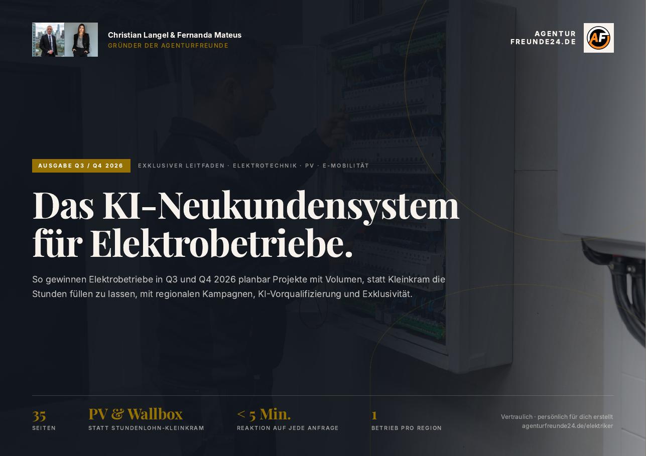 Titelseite des Gratis-Reports „Das KI-Neukundensystem für Elektrobetriebe“ von Agenturfreunde