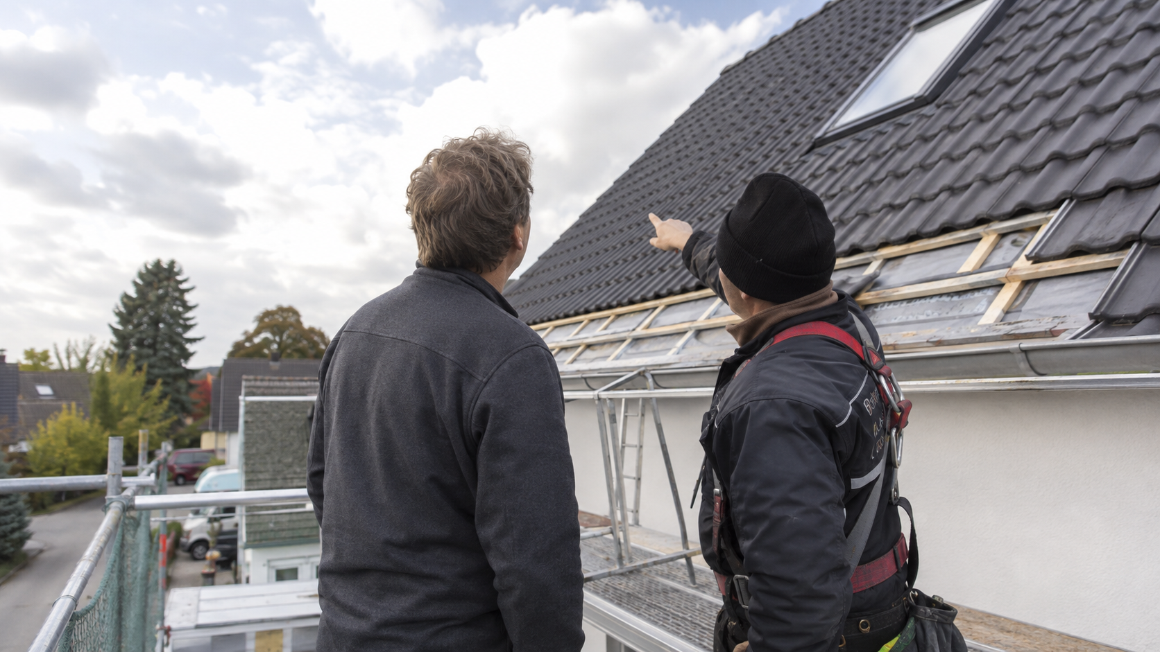Dachdecker besprechen die Baustellenplanung – Büroarbeit, die ChatGPT vorbereiten kann