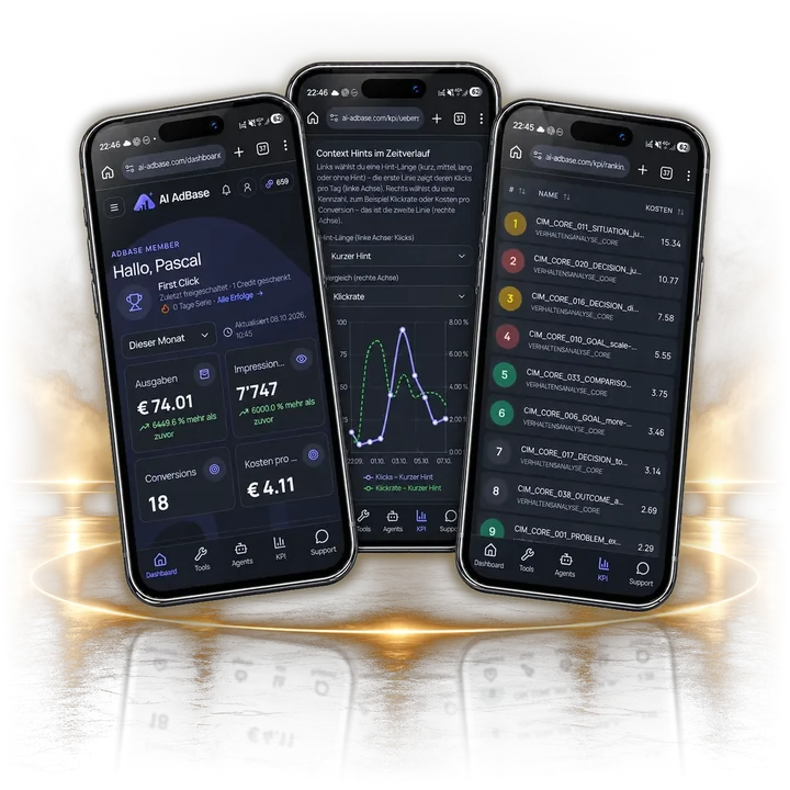 Drei Handys mit KPI-Übersicht, Context Hints und Kampagnenliste in AI AdBase