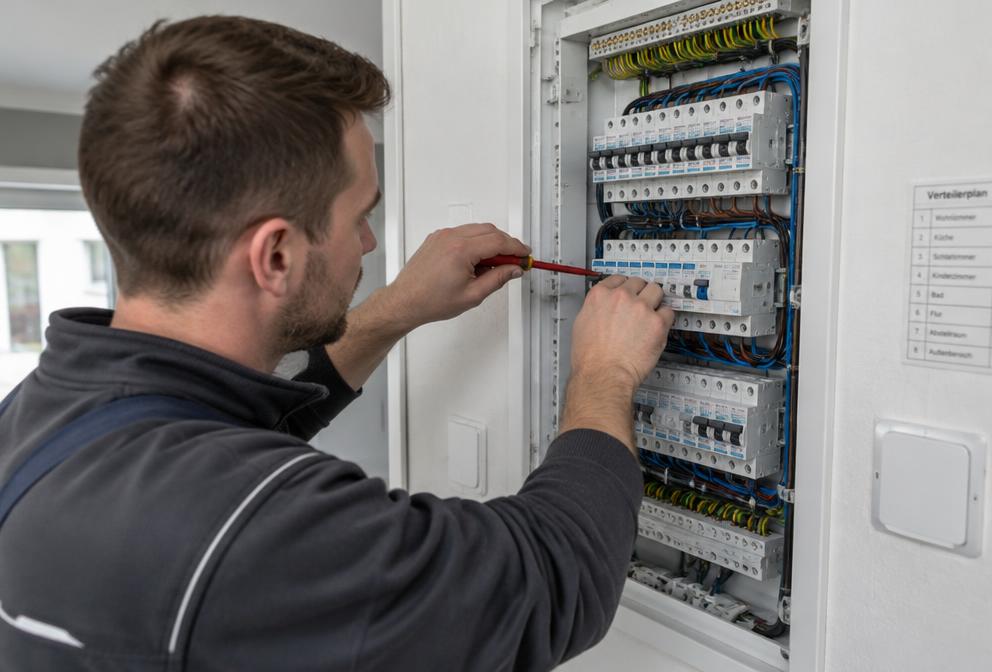 Elektriker arbeitet am Sicherungskasten