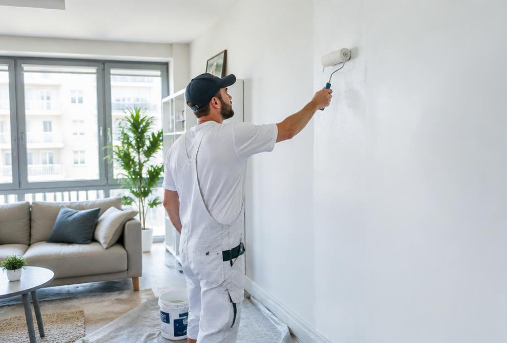 Maler streicht eine Wohnzimmerwand