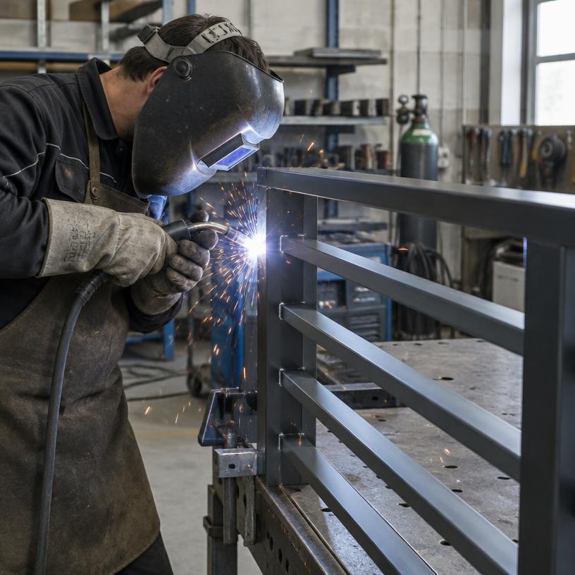 Metallbauer schweißt ein Geländer