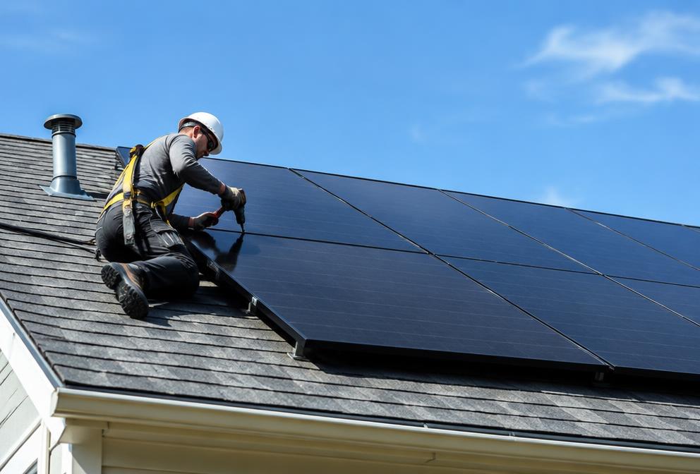 Monteur installiert Solarmodule