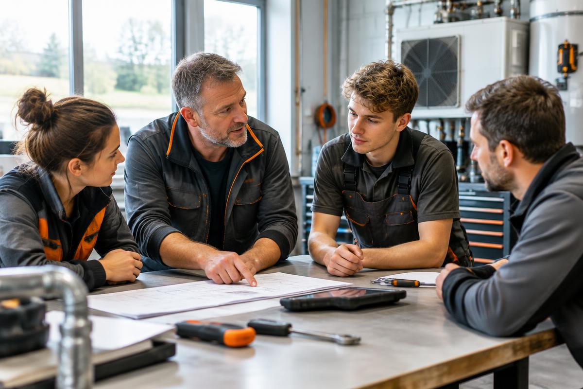 Illustrative Aufnahme eines Handwerksteams bei der Besprechung einer Stelle