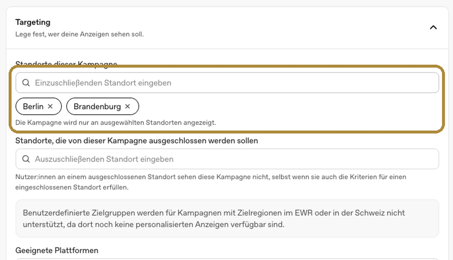 Originalaufnahme aus Christians Ads Manager: Berlin und Brandenburg sind als Standorte einer Kampagne ausgewählt; weitere Standorte können ausgeschlossen werden