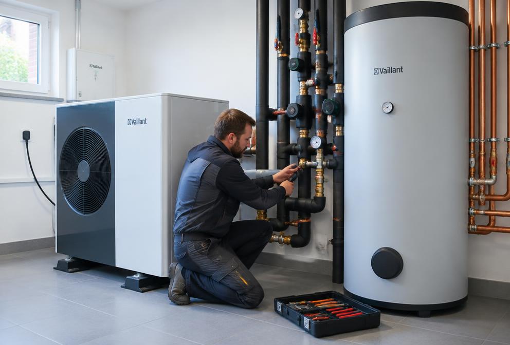 Installateur montiert eine Wärmepumpe