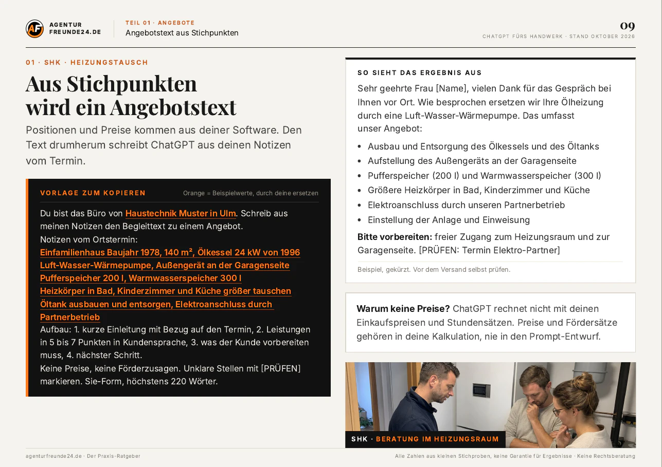 Ratgeber Seite 9: Vorlage zum Kopieren für einen Angebotstext zum Heizungstausch, Beispielwerte orange markiert, daneben das Ergebnis