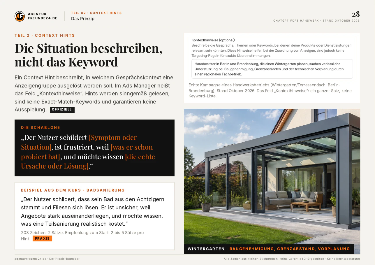 Ratgeber Seite 28: Schablone für Context Hints und das Feld Kontexthinweise aus einer echten Wintergarten-Kampagne, ein ganzer Satz statt Keywords