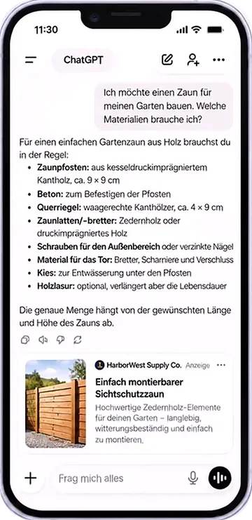 Handy mit ChatGPT-Gespräch und einer gekennzeichneten Anzeige unter der Antwort